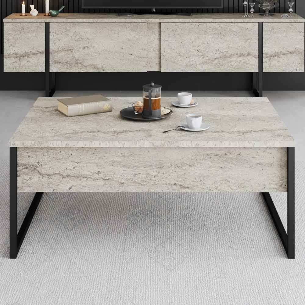 Nordic Wooden Coffee Table with Black Metal Frame in Travertine Marble Effect