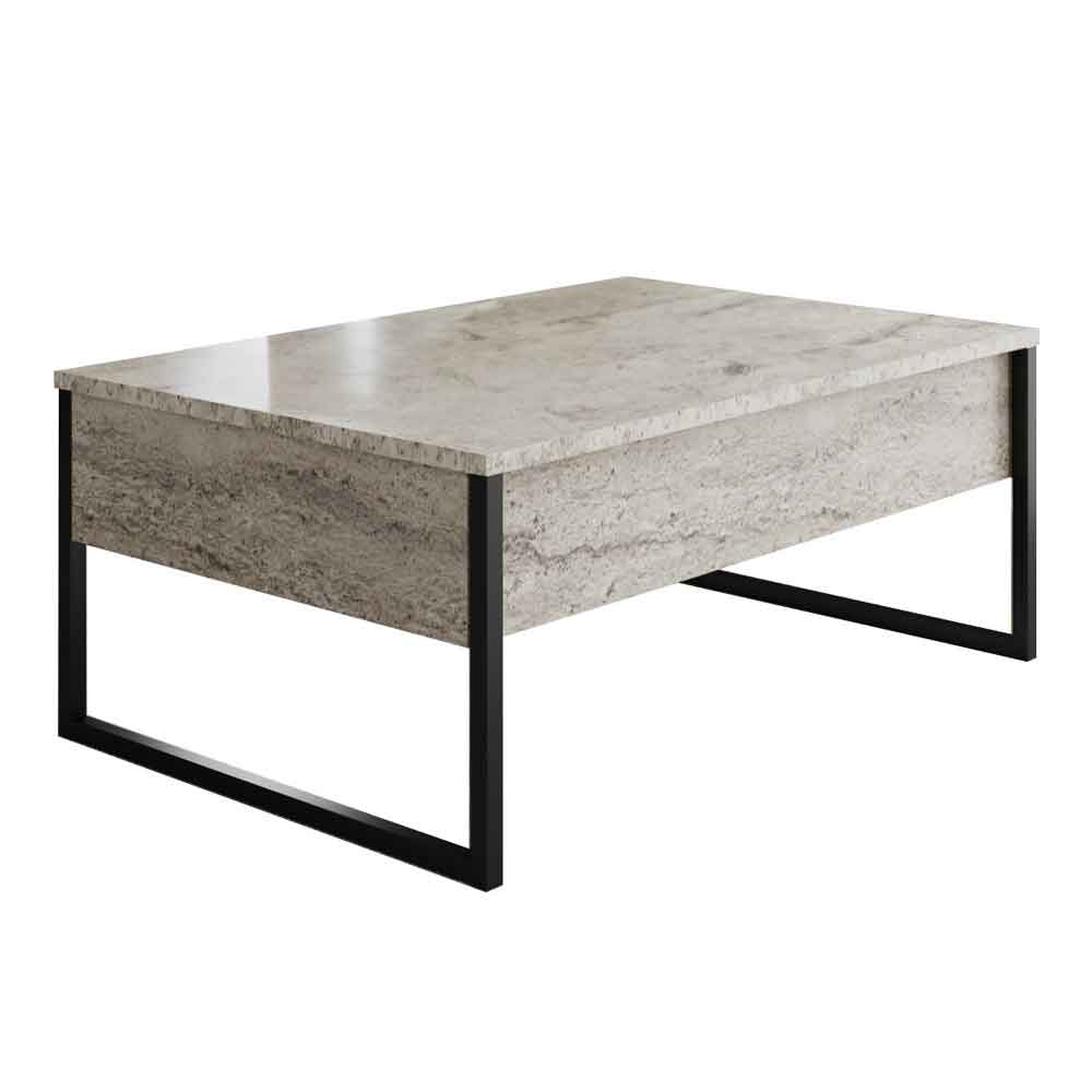 Nordic Wooden Coffee Table with Black Metal Frame in Travertine Marble Effect