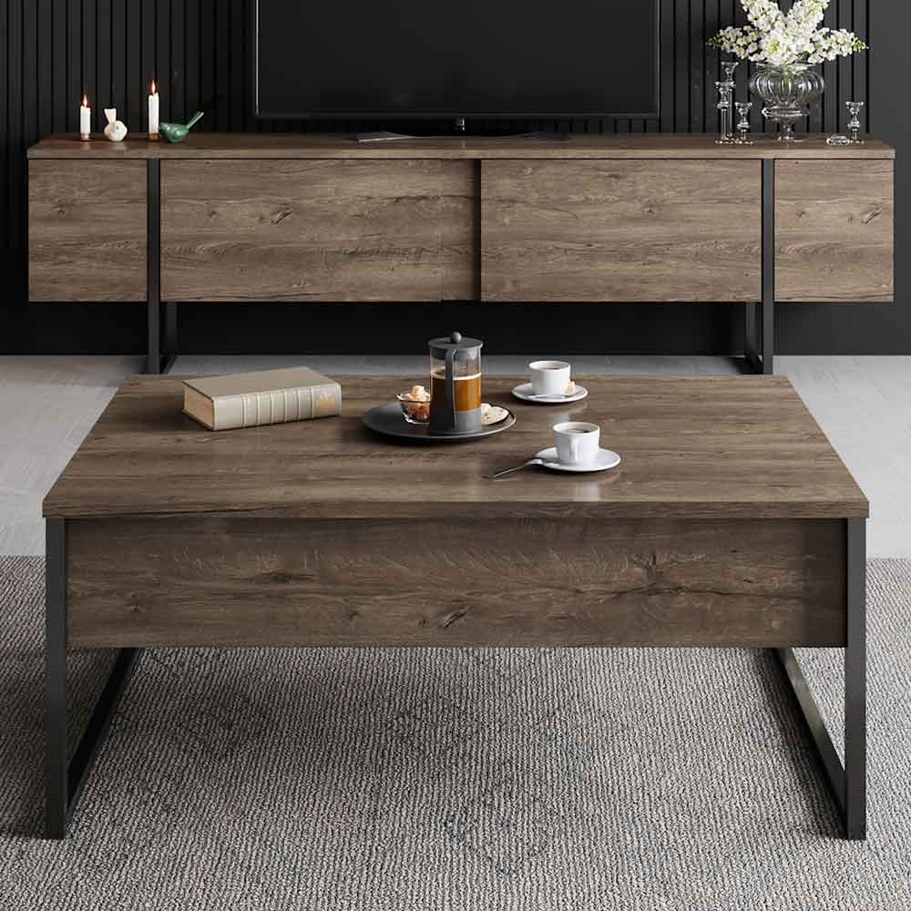 Nordic Wooden Coffee Table with Black Metal Frame in Walnut
