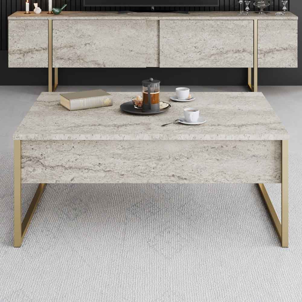 Nordic Wooden Coffee Table with Gold Metal Frame in Travertine Marble Effect