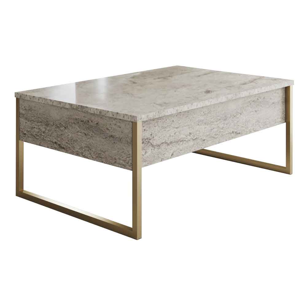 Nordic Wooden Coffee Table with Gold Metal Frame in Travertine Marble Effect