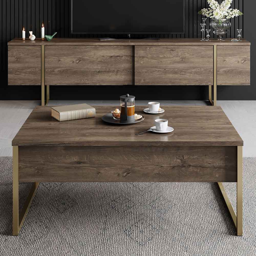 Nordic Wooden Coffee Table with Gold Metal Frame in Walnut