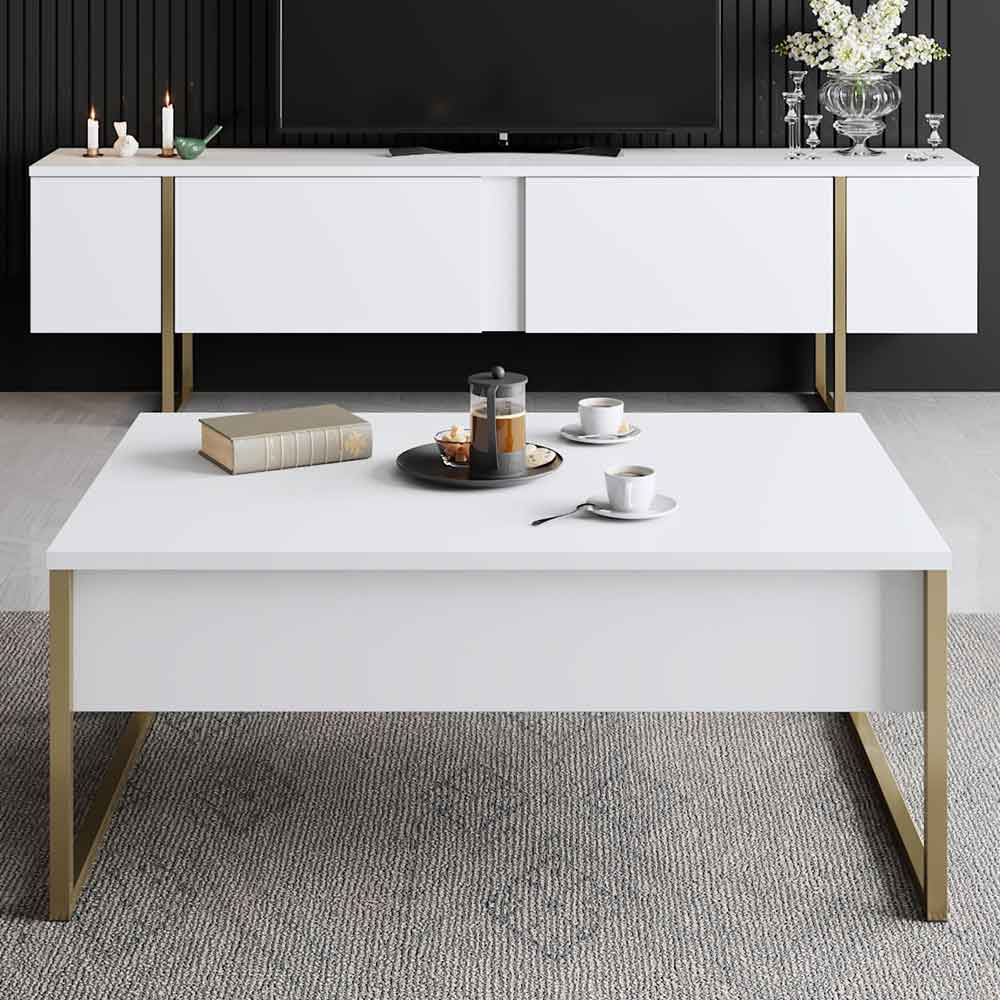 Nordic Wooden Coffee Table with Gold Metal Frame in White
