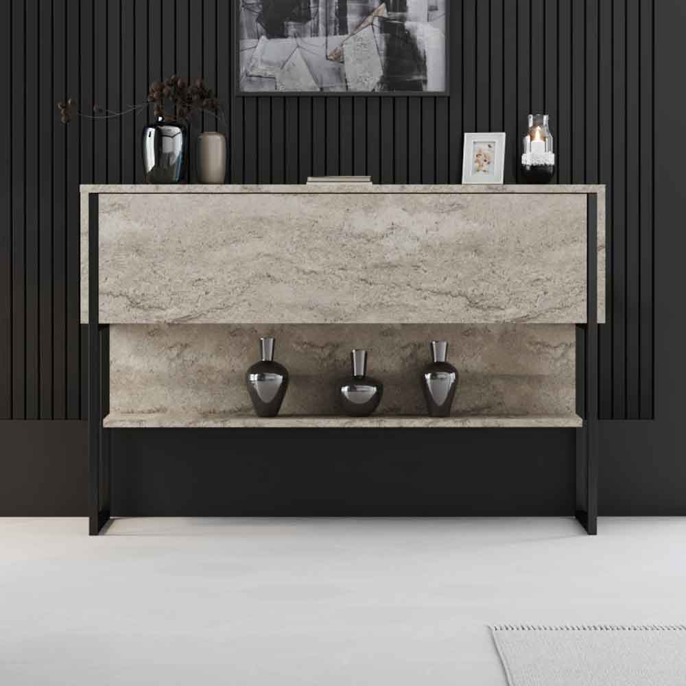 Nordic Wooden Console Table With Black Metal Frame in Travertine Marble Effect