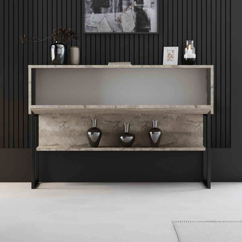 Nordic Wooden Console Table With Black Metal Frame in Travertine Marble Effect