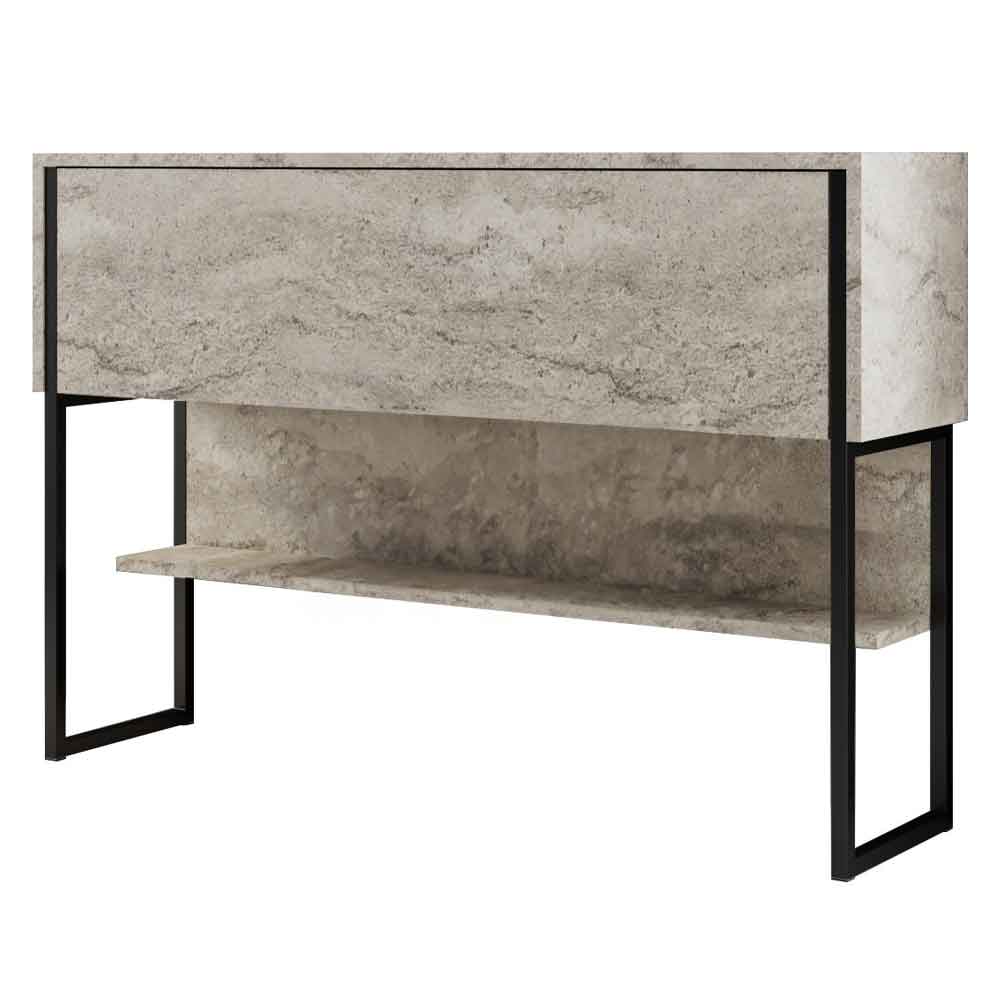 Nordic Wooden Console Table With Black Metal Frame in Travertine Marble Effect