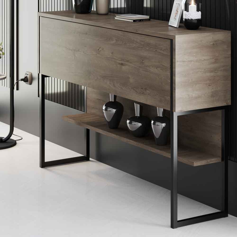 Nordic Wooden Console Table With Black Metal Frame in Walnut