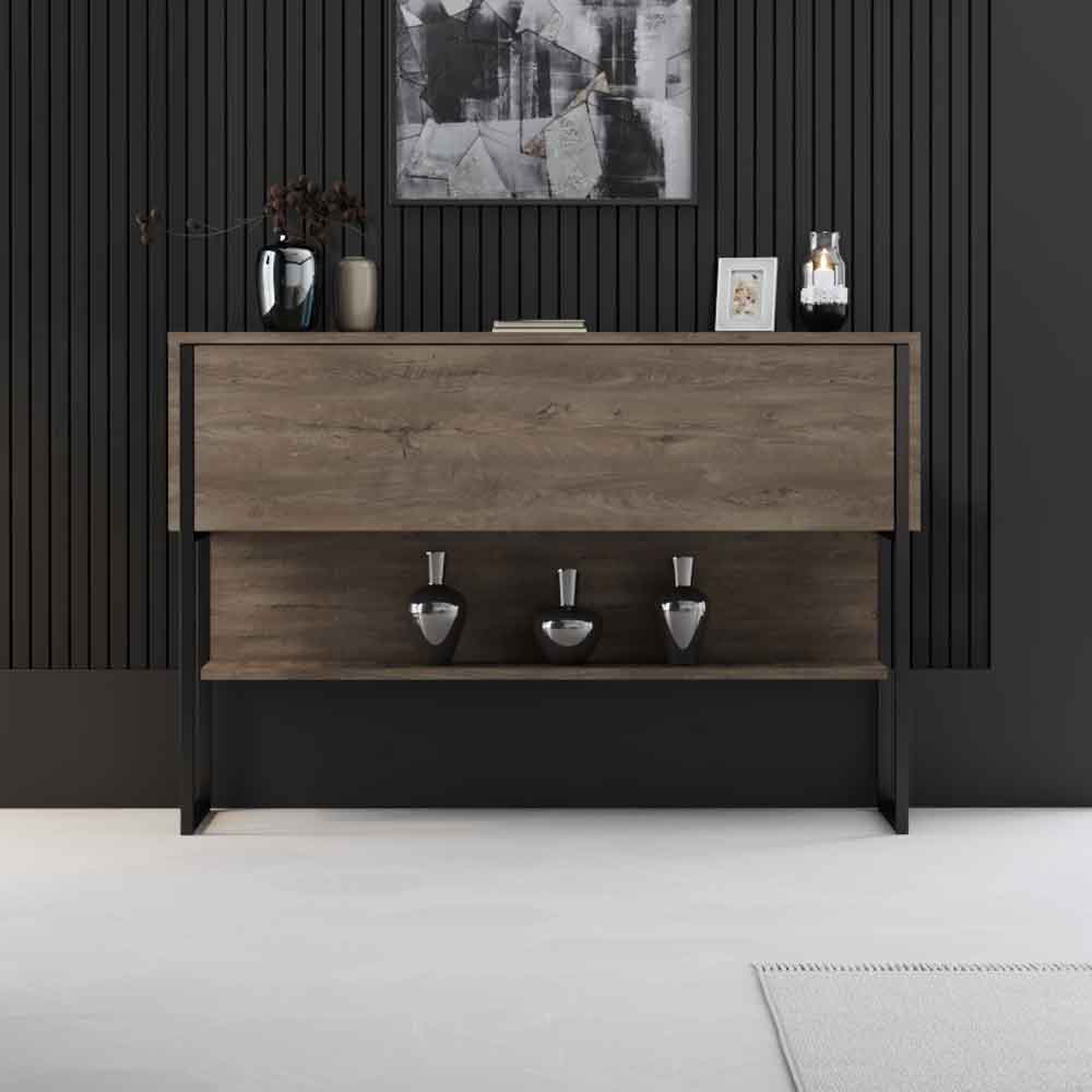 Nordic Wooden Console Table With Black Metal Frame in Walnut