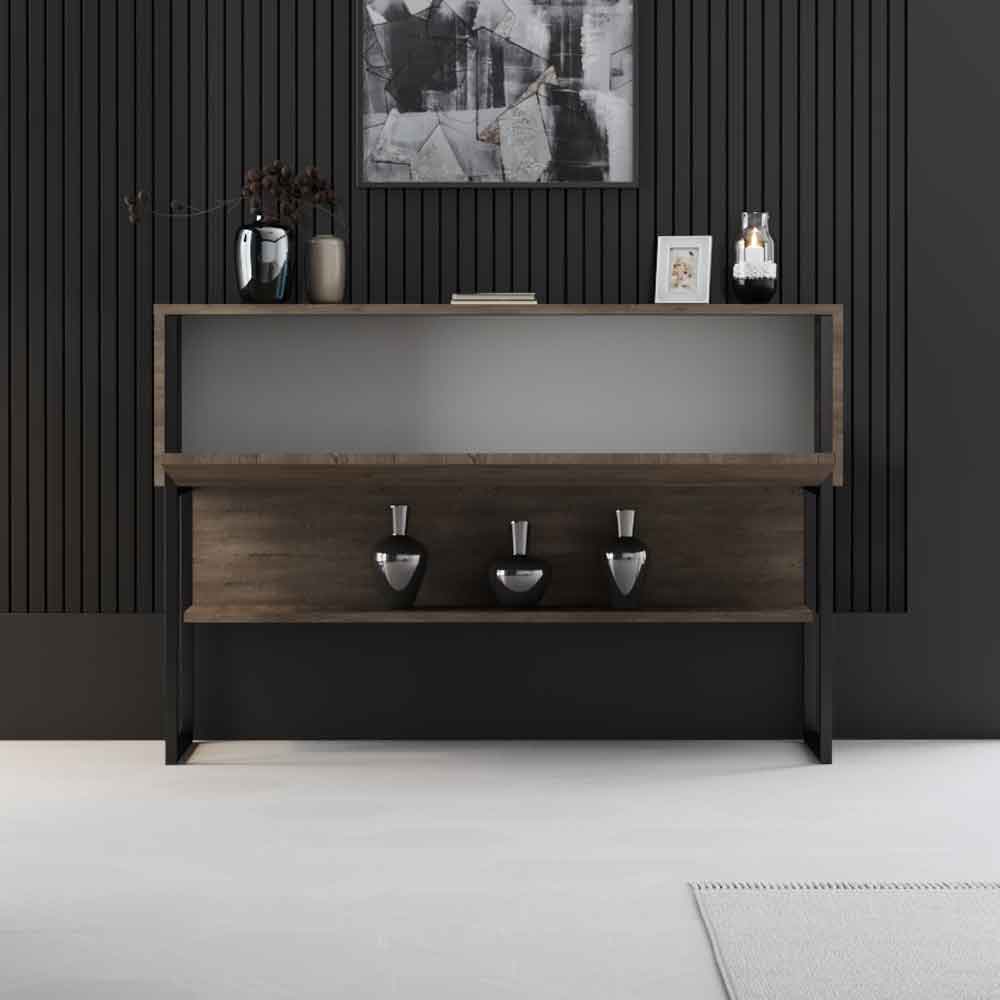 Nordic Wooden Console Table With Black Metal Frame in Walnut