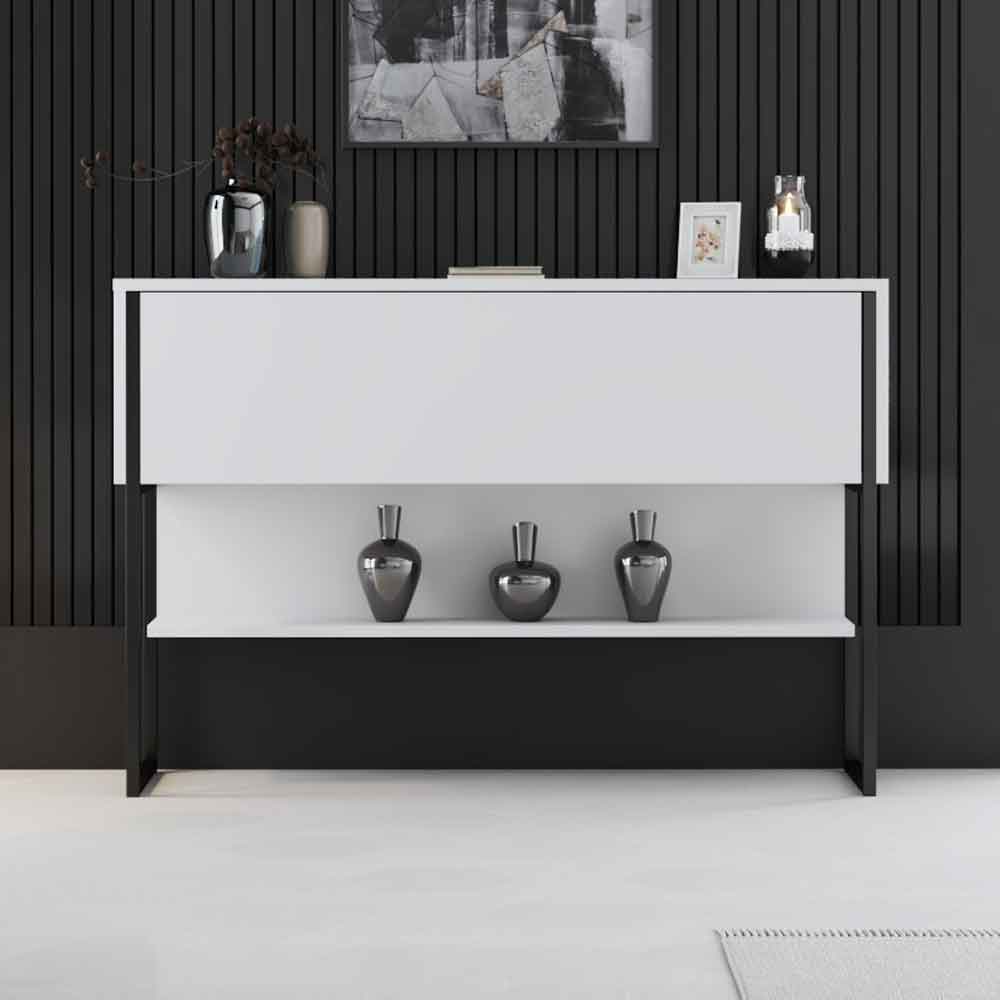 Nordic Wooden Console Table With Black Metal Frame in White