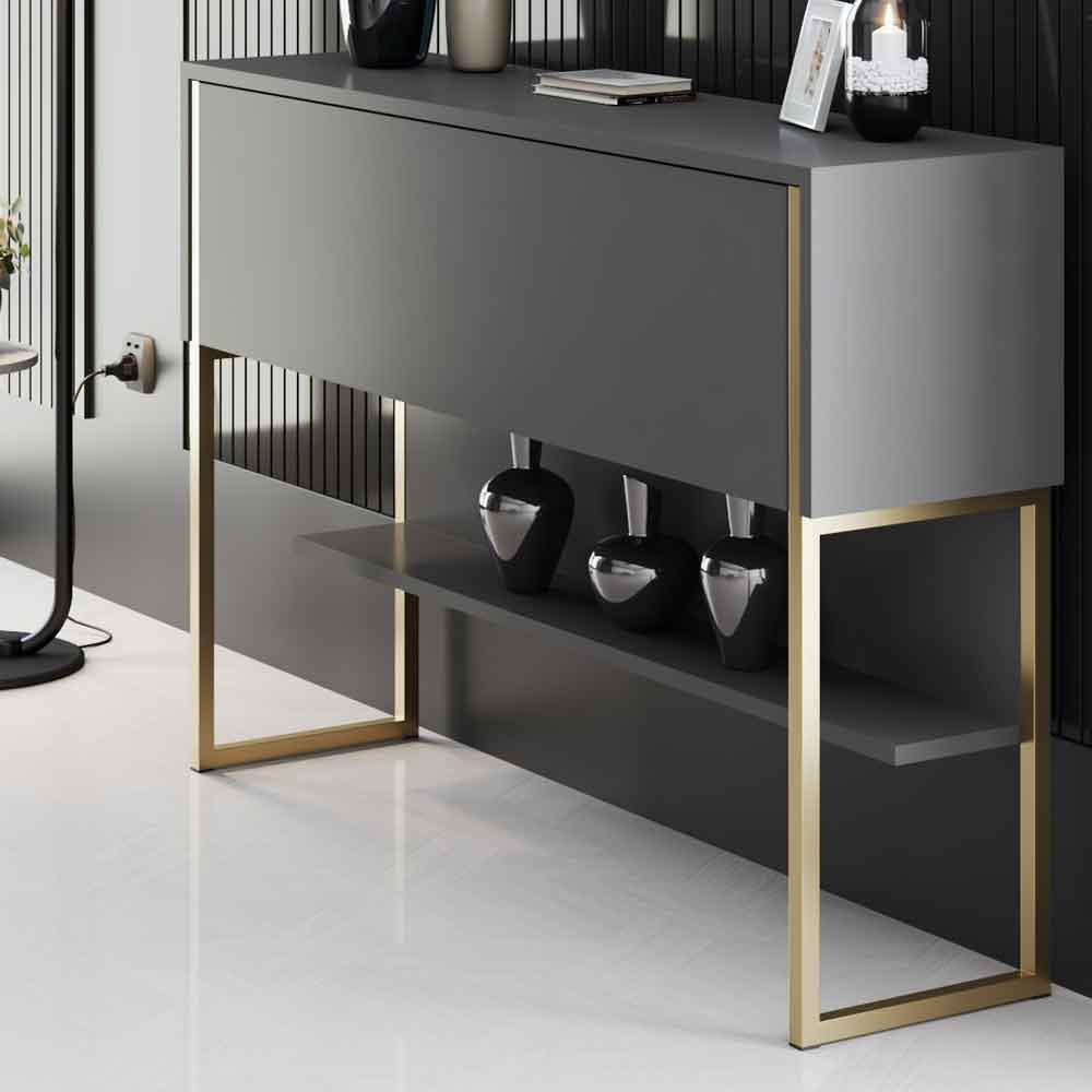 Nordic Wooden Console Table With Gold Metal Frame in Anthracite