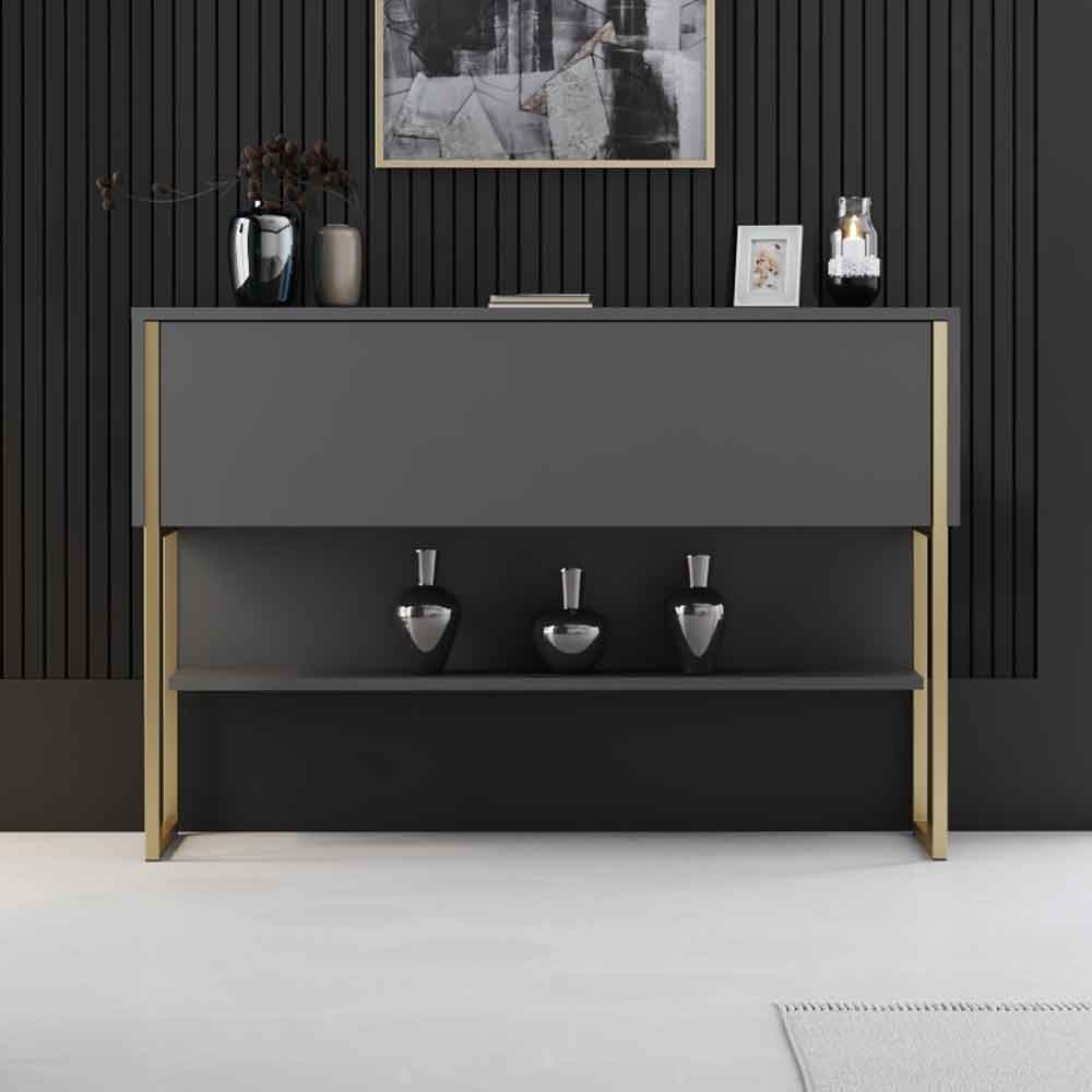 Nordic Wooden Console Table With Gold Metal Frame in Anthracite