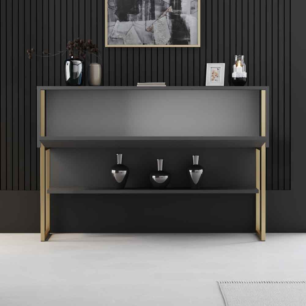 Nordic Wooden Console Table With Gold Metal Frame in Anthracite