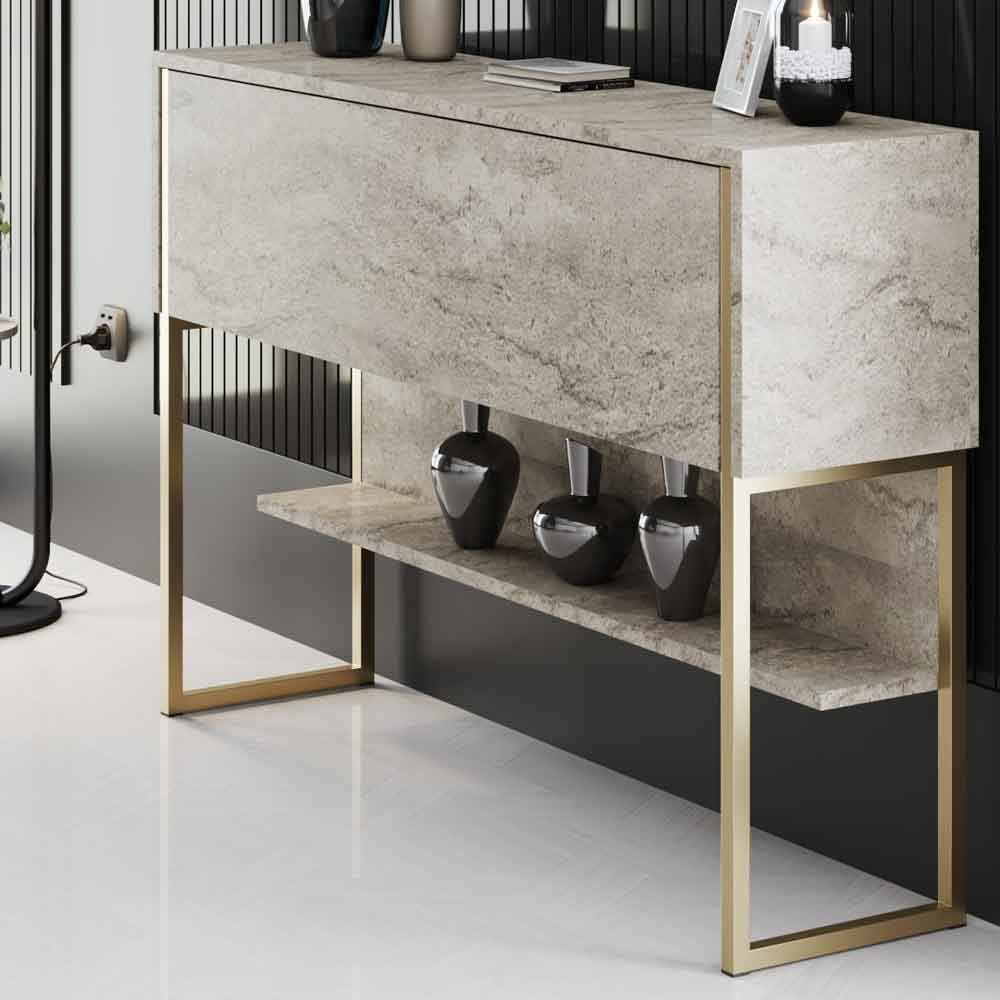 Nordic Wooden Console Table With Gold Metal Frame in Travertine Marble Effect