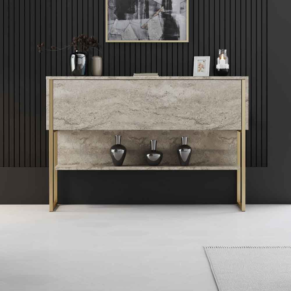 Nordic Wooden Console Table With Gold Metal Frame in Travertine Marble Effect