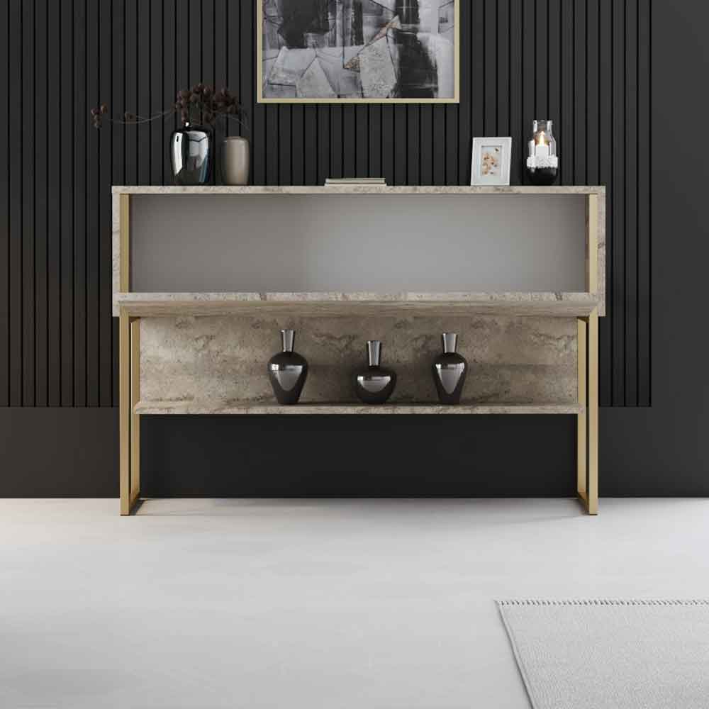 Nordic Wooden Console Table With Gold Metal Frame in Travertine Marble Effect