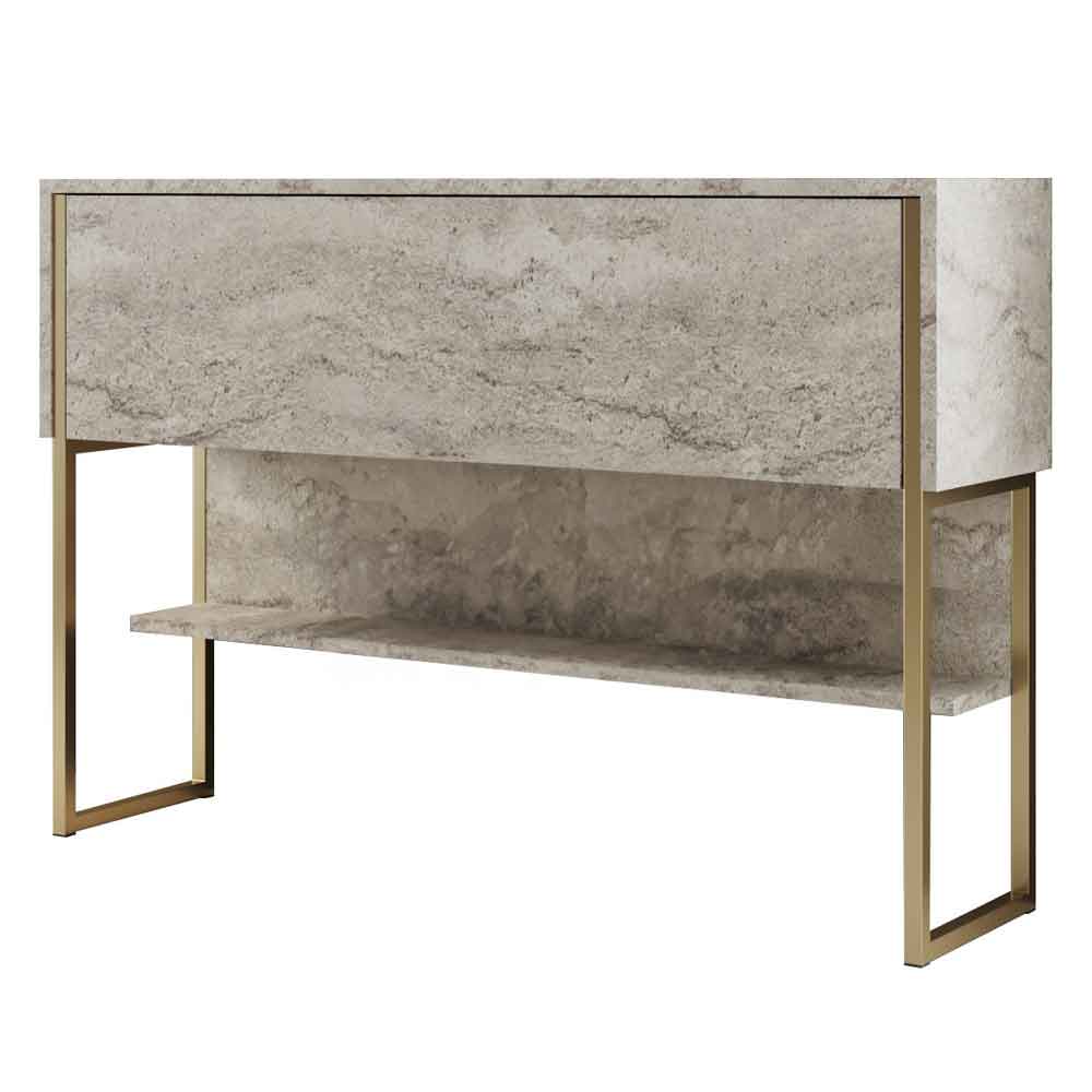 Nordic Wooden Console Table With Gold Metal Frame in Travertine Marble Effect