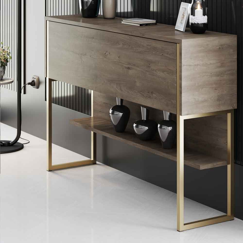 Nordic Wooden Console Table With Gold Metal Frame in Walnut