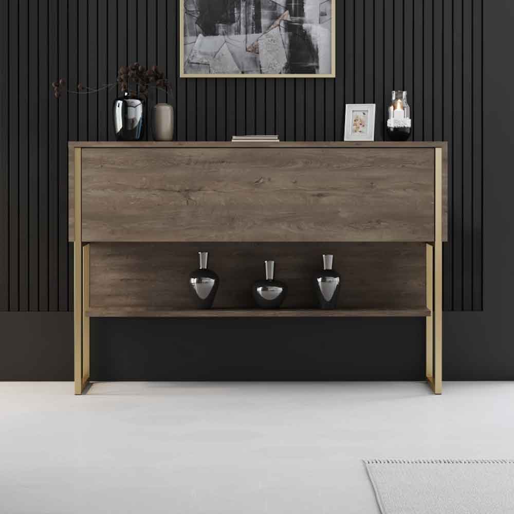 Nordic Wooden Console Table With Gold Metal Frame in Walnut