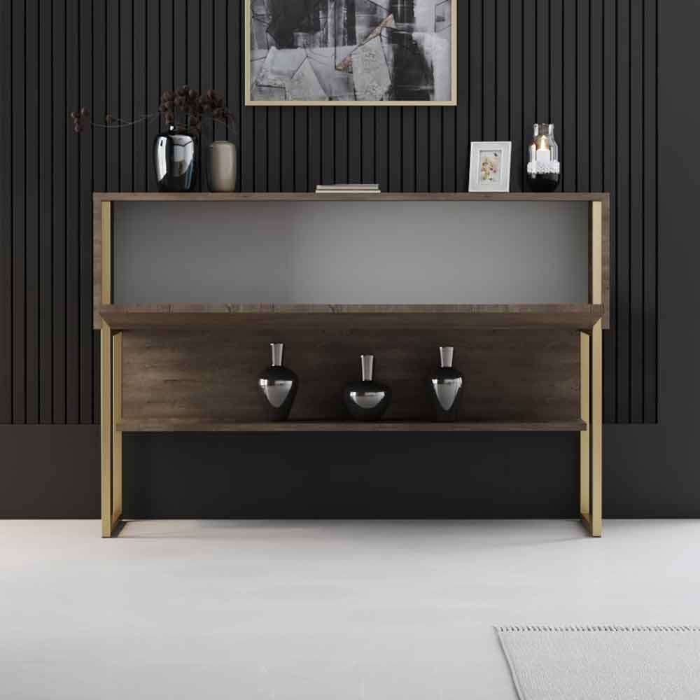 Nordic Wooden Console Table With Gold Metal Frame in Walnut