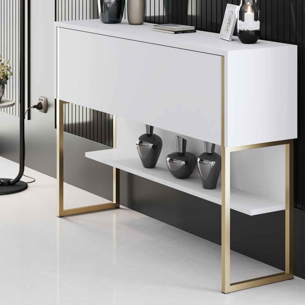 Nordic Wooden Console Table With Gold Metal Frame in White