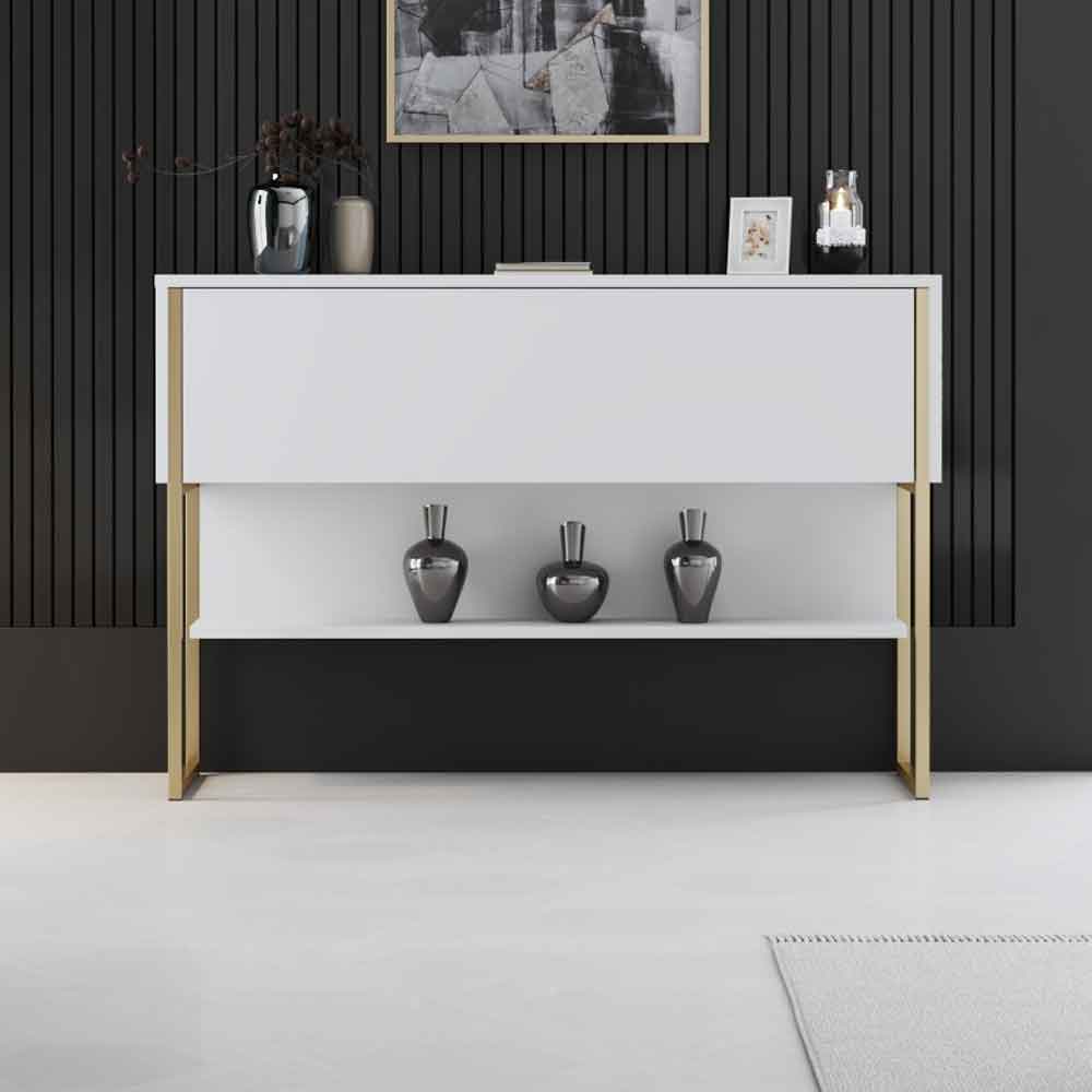 Nordic Wooden Console Table With Gold Metal Frame in White