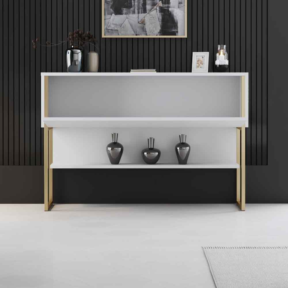 Nordic Wooden Console Table With Gold Metal Frame in White