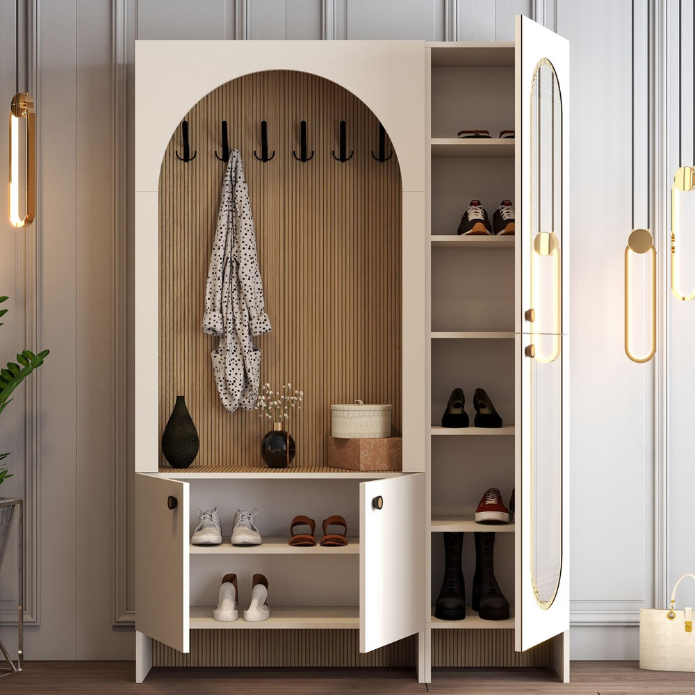 Nordo Wooden Coat Stand with Mirror in Cream and Oak