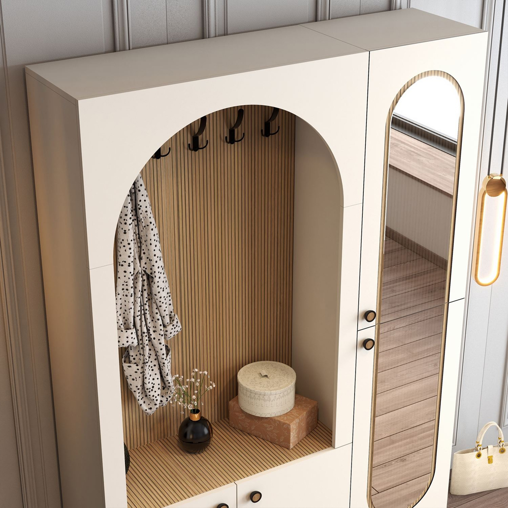 Nordo Wooden Coat Stand with Mirror in Cream and Oak