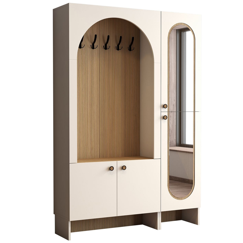 Nordo Wooden Coat Stand with Mirror in Cream and Oak