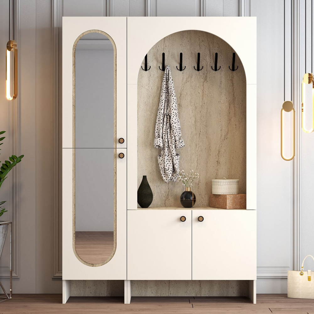 Nordo Wooden Coat Stand with Mirror in Cream and Travertine Marble Effect