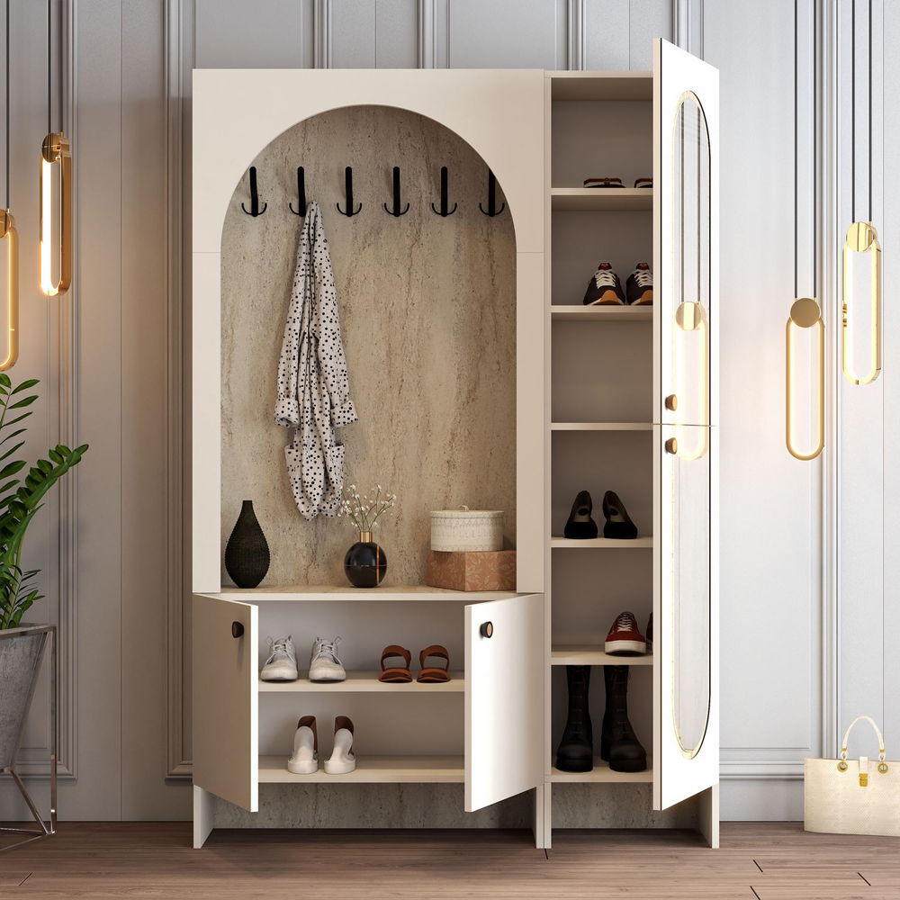 Nordo Wooden Coat Stand with Mirror in Cream and Travertine Marble Effect