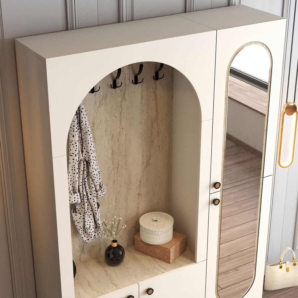 Nordo Wooden Coat Stand with Mirror in Cream and Travertine Marble Effect