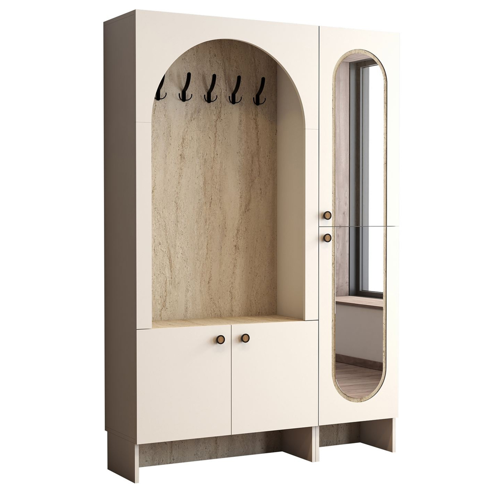 Nordo Wooden Coat Stand with Mirror in Cream and Travertine Marble Effect