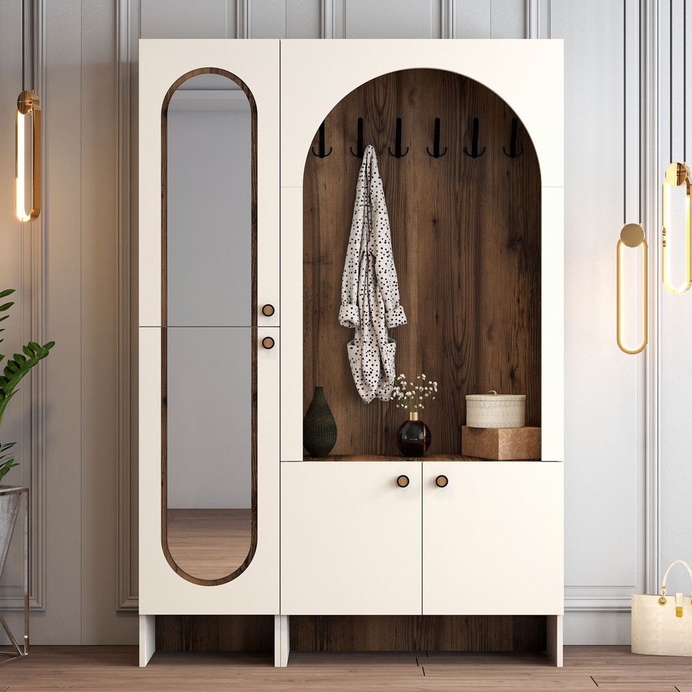 Nordo Wooden Coat Stand with Mirror in Cream and Walnut
