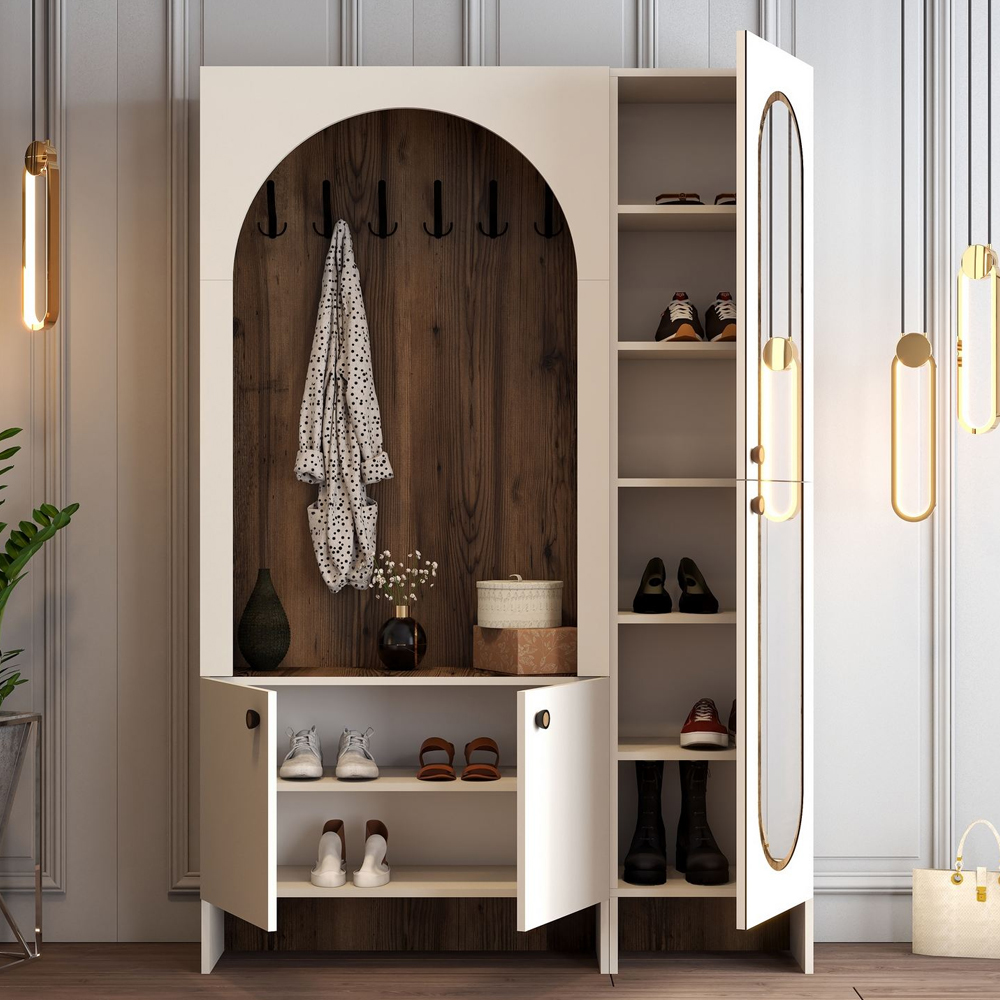 Nordo Wooden Coat Stand with Mirror in Cream and Walnut