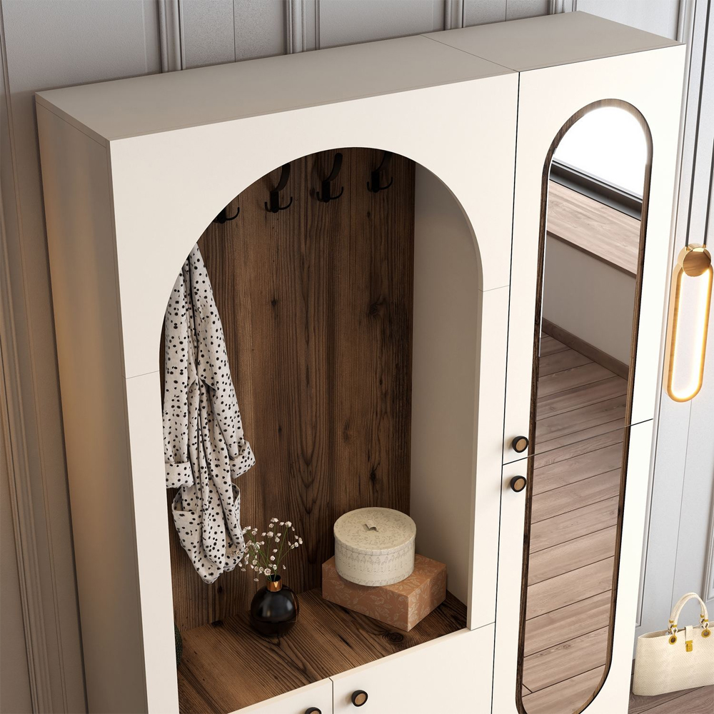 Nordo Wooden Coat Stand with Mirror in Cream and Walnut