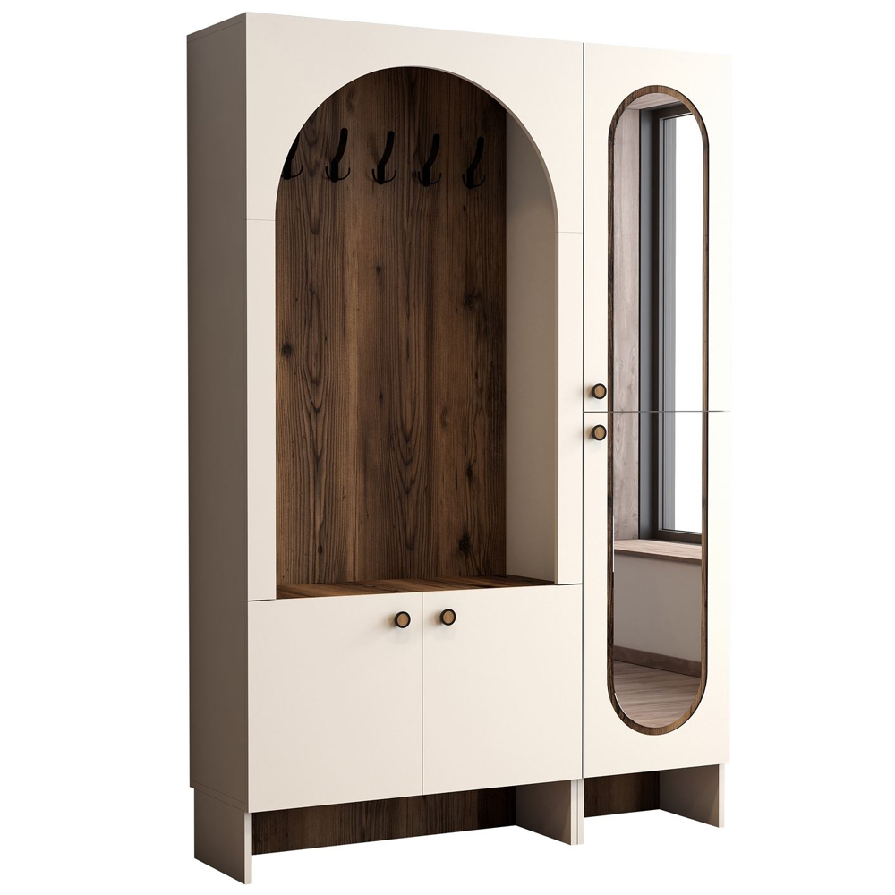 Nordo Wooden Coat Stand with Mirror in Cream and Walnut