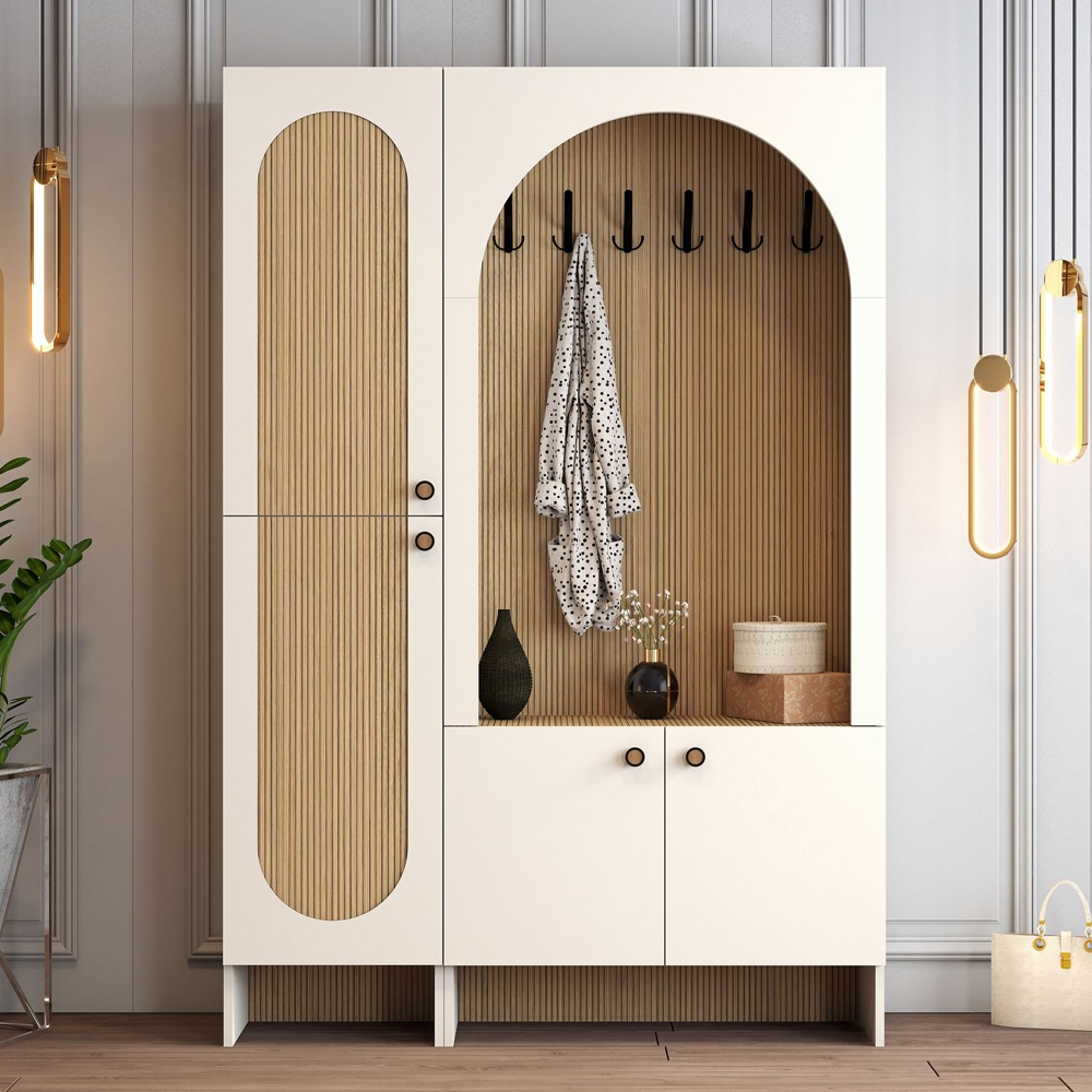 Nordo Wooden Coat Stand with Shoe Storage in Cream and Oak