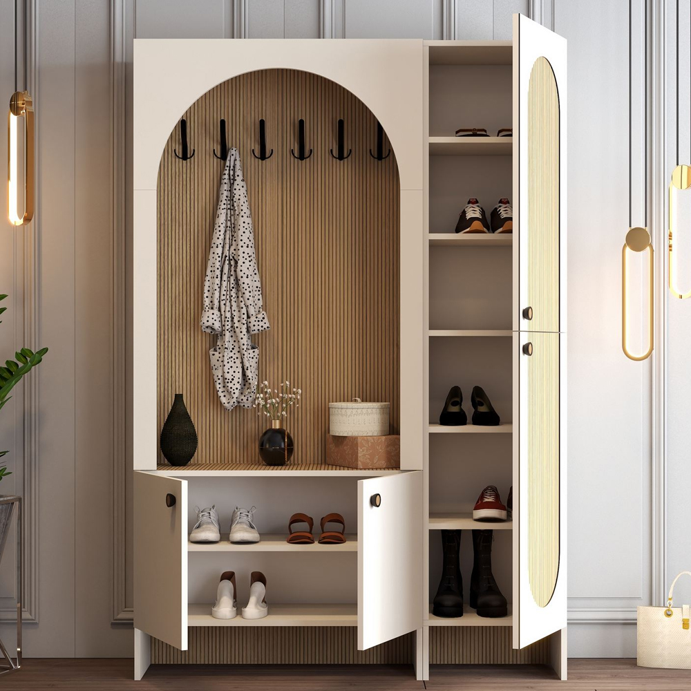 Nordo Wooden Coat Stand with Shoe Storage in Cream and Oak