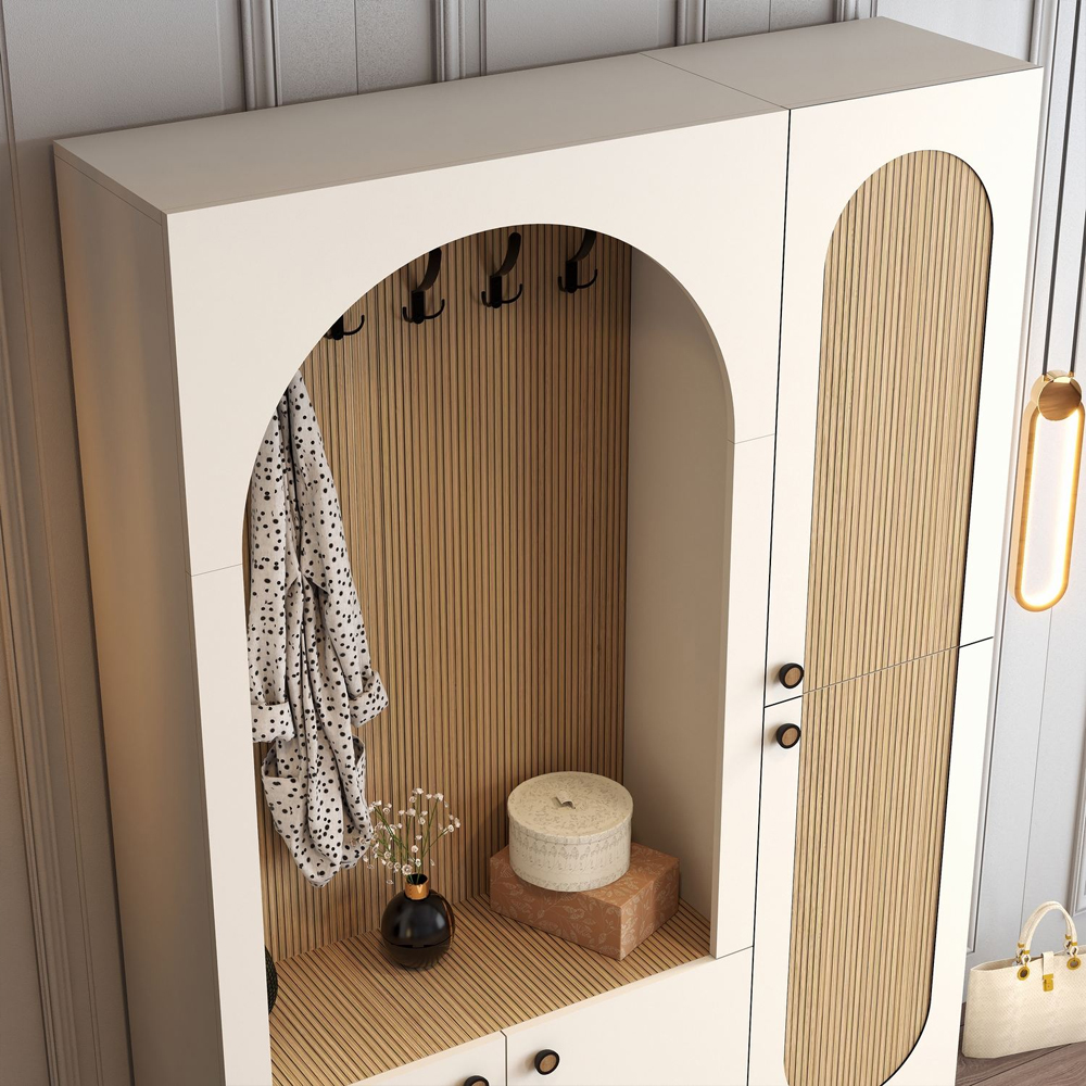 Nordo Wooden Coat Stand with Shoe Storage in Cream and Oak