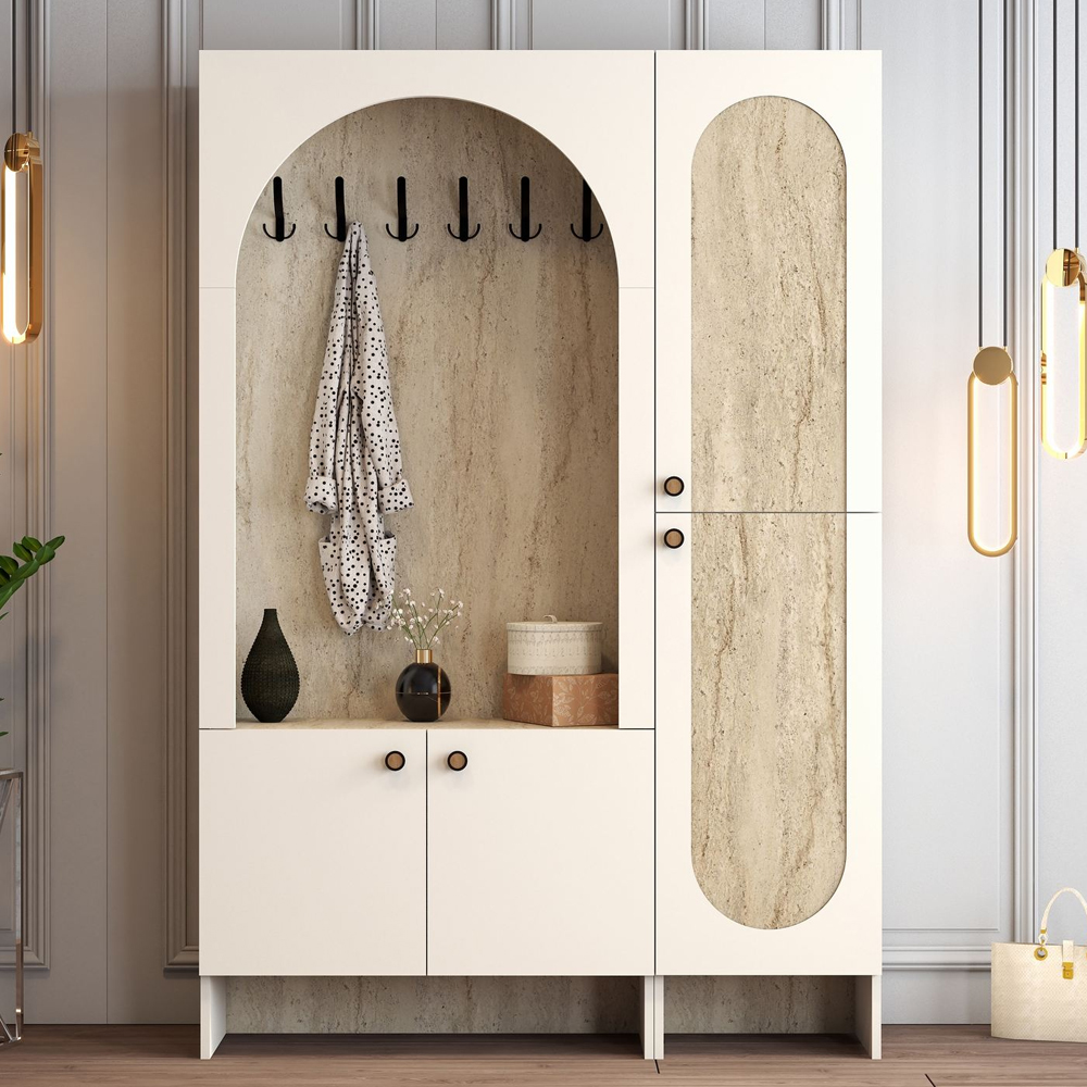 Nordo Wooden Coat Stand with Shoe Storage in Cream and Travertine Marble Effect