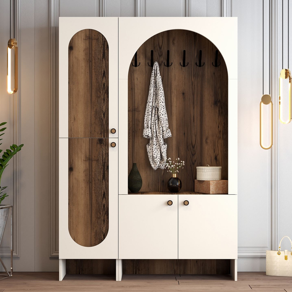 Nordo Wooden Coat Stand with Shoe Storage in Cream and Walnut