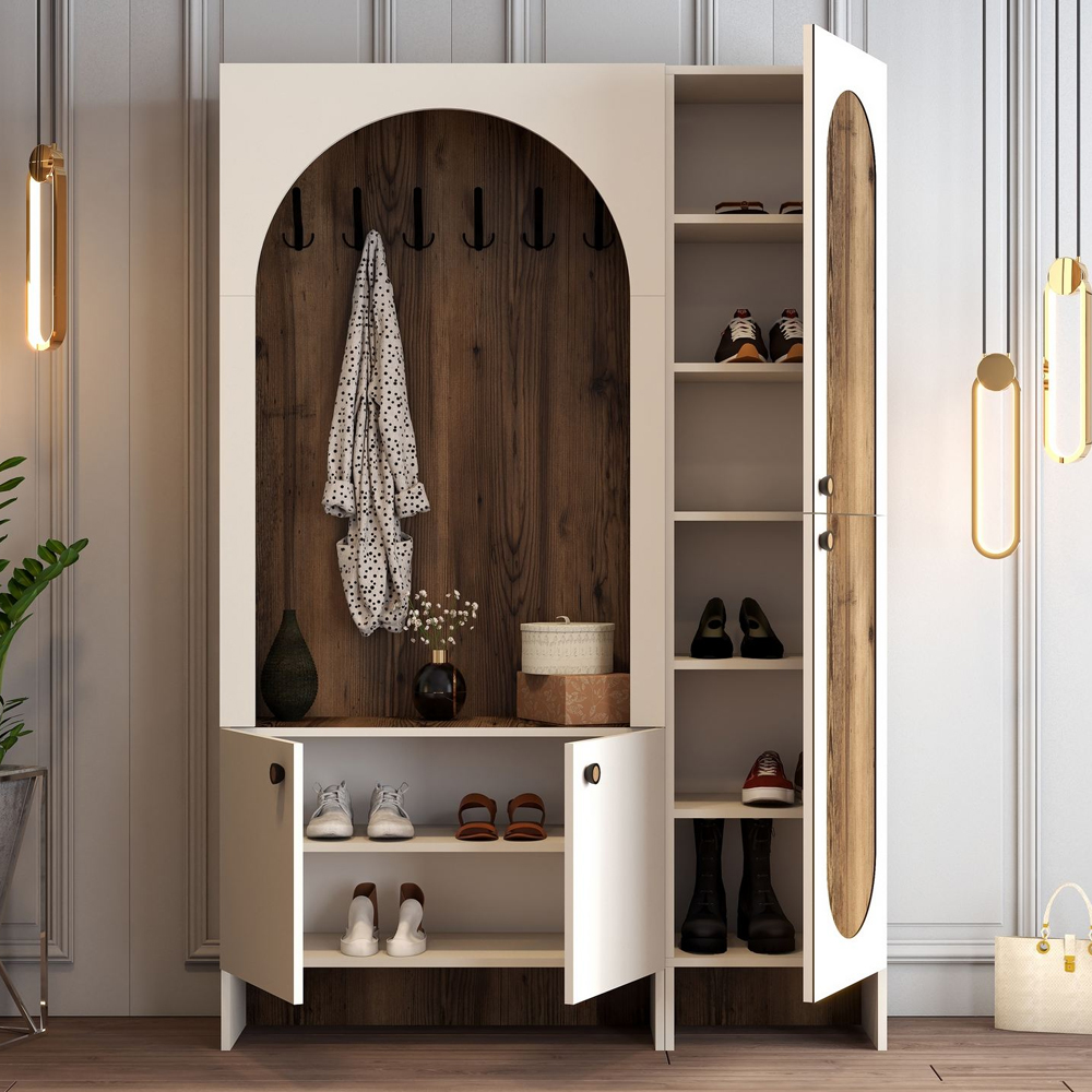 Nordo Wooden Coat Stand with Shoe Storage in Cream and Walnut