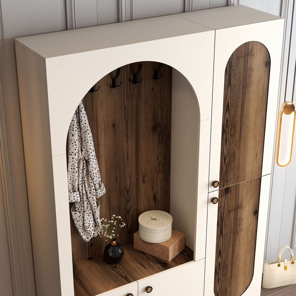 Nordo Wooden Coat Stand with Shoe Storage in Cream and Walnut