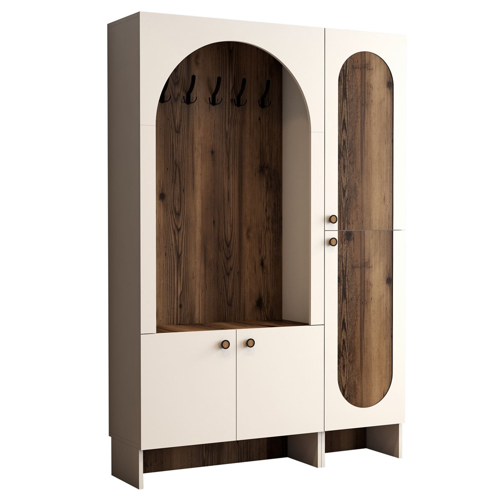 Nordo Wooden Coat Stand with Shoe Storage in Cream and Walnut