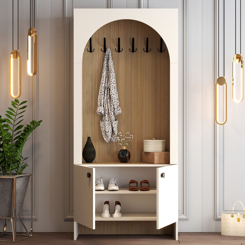 Nordo Wooden Coat Stand with Storage in Cream and Oak