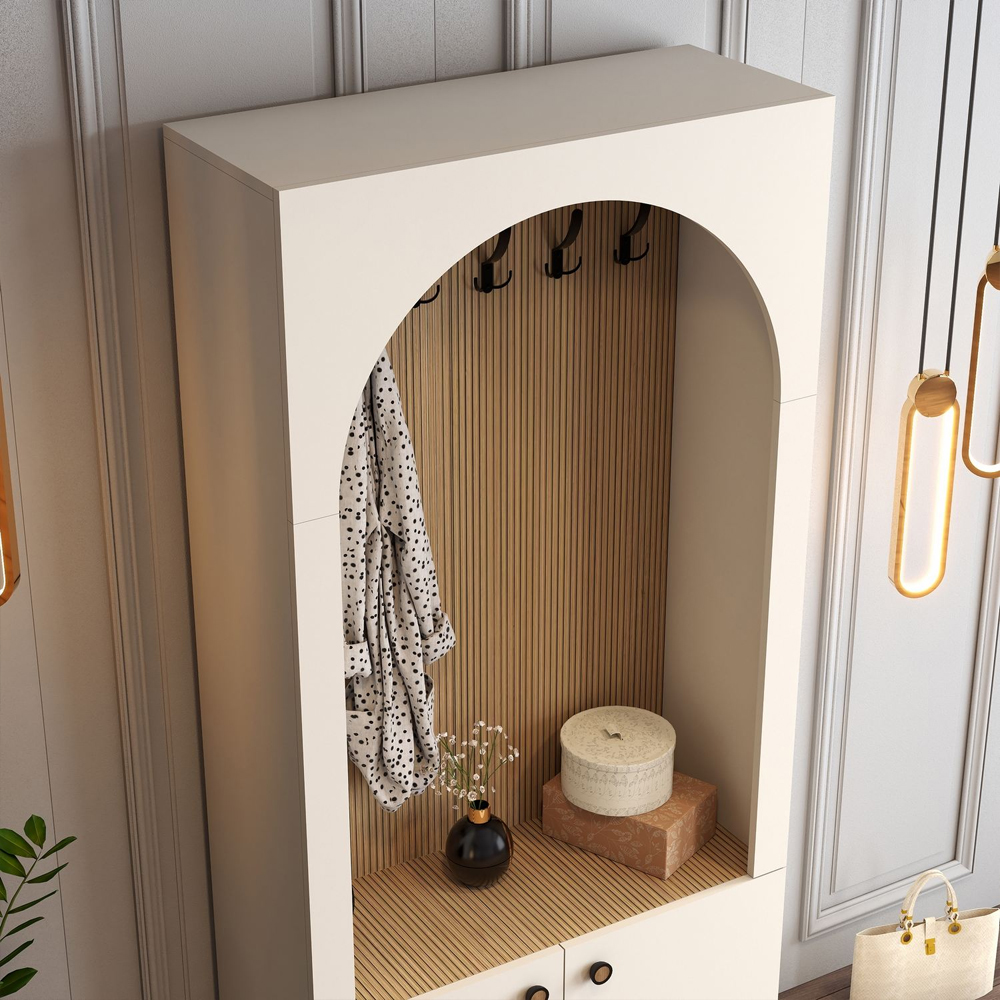 Nordo Wooden Coat Stand with Storage in Cream and Oak