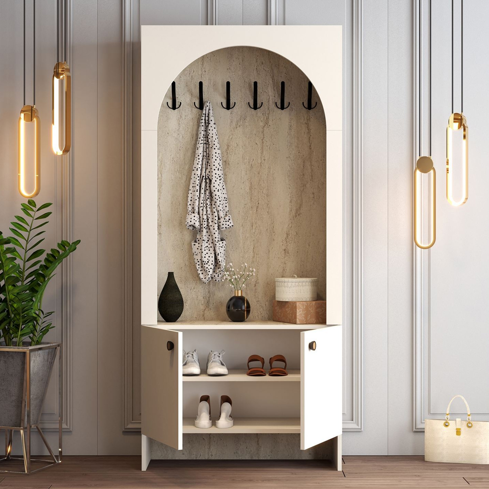 Nordo Wooden Coat Stand with Storage in Cream and Travertine Marble Effect