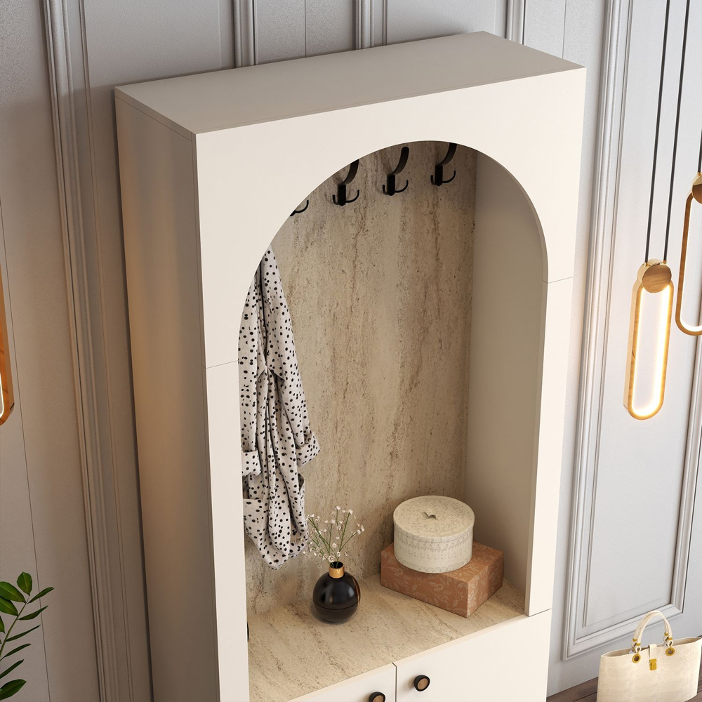Nordo Wooden Coat Stand with Storage in Cream and Travertine Marble Effect